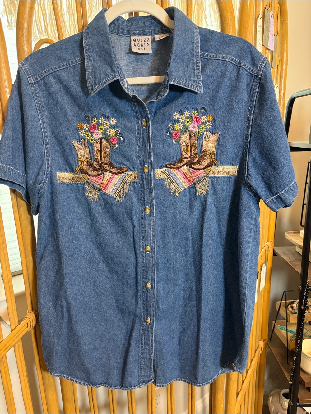 Vintage Quizz Again Embroidered Boot and Flowers Denim Western Shirt - Blue